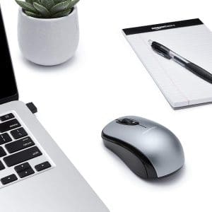 AmazonBasics Wireless Mouse with Nano Receiver and Gel Mouse Pad with Wrist Rest , Silver