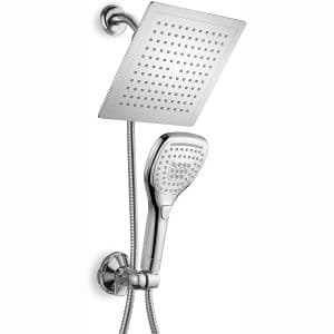 DreamSpa Ultra-Luxury 9" Rainfall Shower Head Handheld Combo. Convenient Push-Button Flow Control Button for easy one-handed operation. Switch flow settings