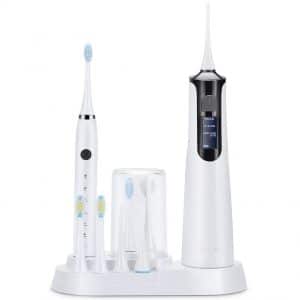 Liberex Teeth Flosser Sonic Electric Toothbrush Combo - USB Wireless Rechargeable Base,8 Multifunctional Jet Tip &amp; Brush Head for Braces &amp; Teeth Cleaning