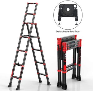 charaHOME Telescoping Ladder A-Frame Aluminum Extension Ladder Lightweight Portable Multi-Purpose Folding Ladder with Detachable Tool Tray, 330 Pound Load Capacity