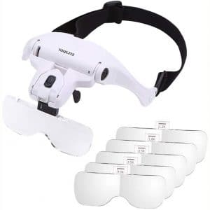 Headband Magnifier Glasses LED Magnifying Loupe Head Mount Magnifier Hands—Free Bracket and Headband are Interchangeable 5 Replaceable Lenses