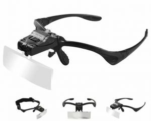Beileshi Headhand Magnifier Glasses With 2 LED Professional Jeweler's Loupe Light Bracket and Headband are Interchangeable 5Lens Glass Magnifying Visor