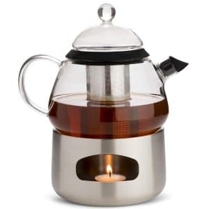 Elfin Glass Teapot with Loose Leaf Tea Infuser and Tea Pot Warmer - Elegant Hot Tea Maker Gift Set