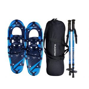 Easy to Use Snowshoes with Trekking Poles Waterproof Snow Leg Gaiters and Carrying Tote Bag Odoland 4-in-1 Lightweight Snow Shoes Set for Men and Women Size 21//25//30