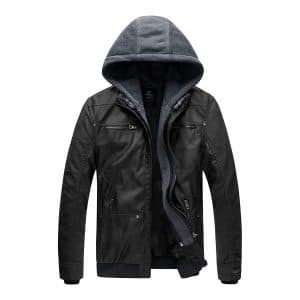 Wantdo Men’s Leather Jacket with a Removable Hood
