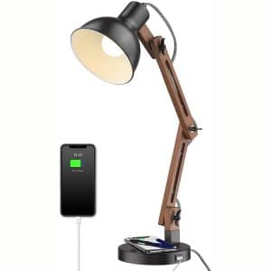 ELYONA Modern Swing Arm Desk Lamp, Industrial Wood Bedside Table Lamp with Wireless Charging & USB Port, Eye-Caring Reading Lights