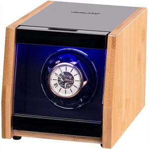 Watch Winder Made of Premium Natural Bamboo Shell for 6 Automatic Watches with High-Gloss Craftsmanship, 4 Setting Modes and Super Quiet Motor, Built-in Lock
