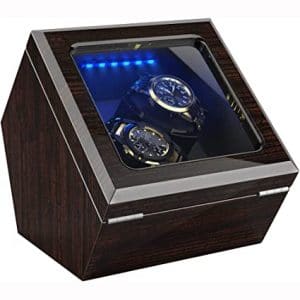 High End Watch Winder for Rolex with Soft Flexible Watch Pillows, Blue Led Light, Open and Shut Down Featured, Pine Bark Pattern, Extra Over Size Watch Pillows Included