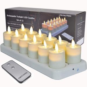 TELOSMA Rechargeable LED Tea Flickering Lights with Remote Timer and Moving Wick- Set of 12
