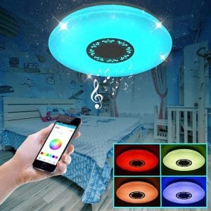 IYUNXI Starlight LED Ceiling Light with Bluetooth Speaker 36W 16Inch Remote Control Dimmable Color Light Adjustable 4000LM Upgrade Music Ceiling Light Fixture Hollow-Out Flower Pattern